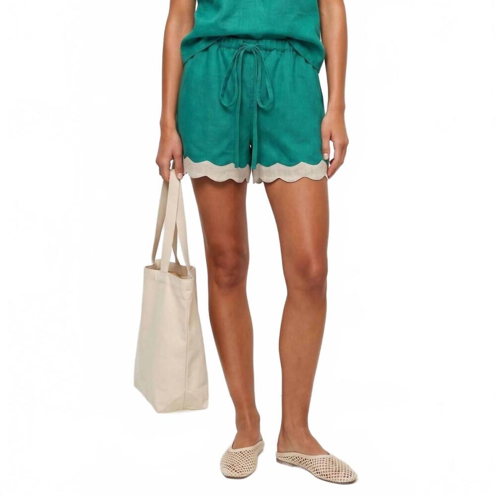 NEW NAKED ZEBRA scallop trim linen shorts in emerald green